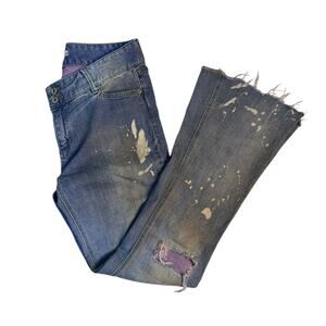 Free People Bleach Splatter Distressed Raw Hem Flare Denim Jeans Size 31